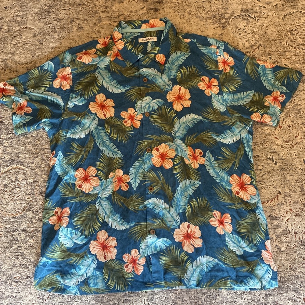 Tommy Bahama Island Zone 100% Silk Hawaiian Shirt Mens XL Blue Floral Tropical - Picture 1 of 7